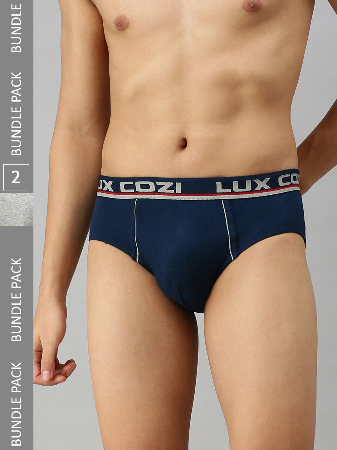 

Lux Cozi BIGSHOT Men Pack Of 2 Striped Detail Anti-Bacterial Basic Briefs, Grey melange