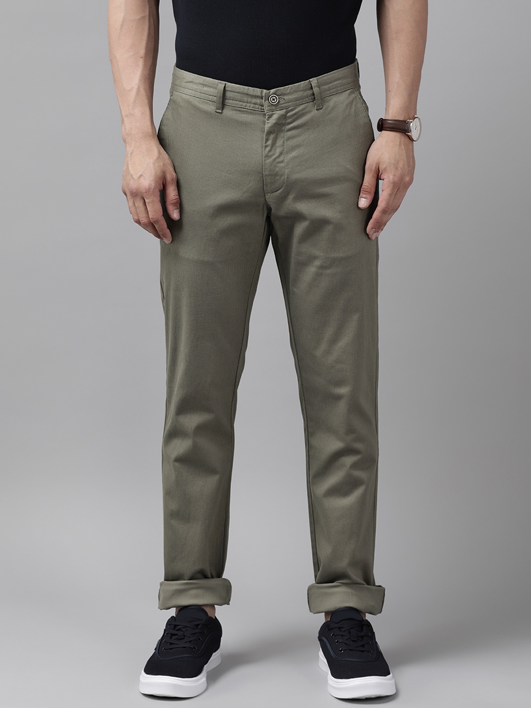 

Blackberrys Men Printed Tapered Fit Low-Rise Trousers, Olive