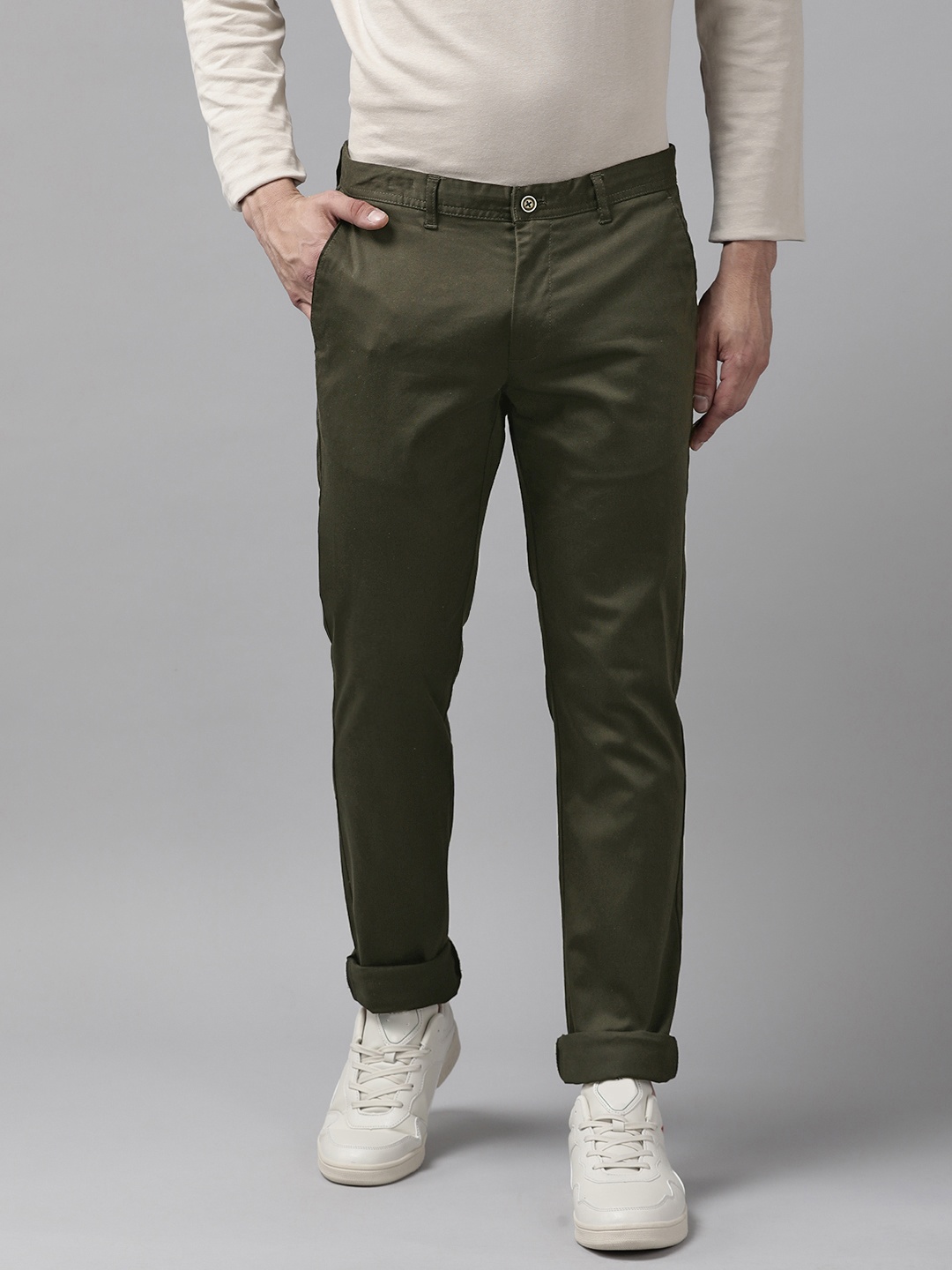 

Blackberrys Men Tapered Fit Low-Rise Chinos Trousers, Olive