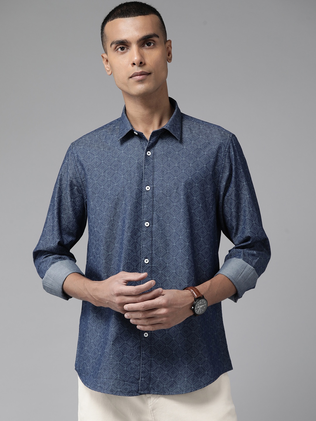 

Blackberrys Men Pure Cotton Slim Fit Geometric Printed Casual Shirt, Blue