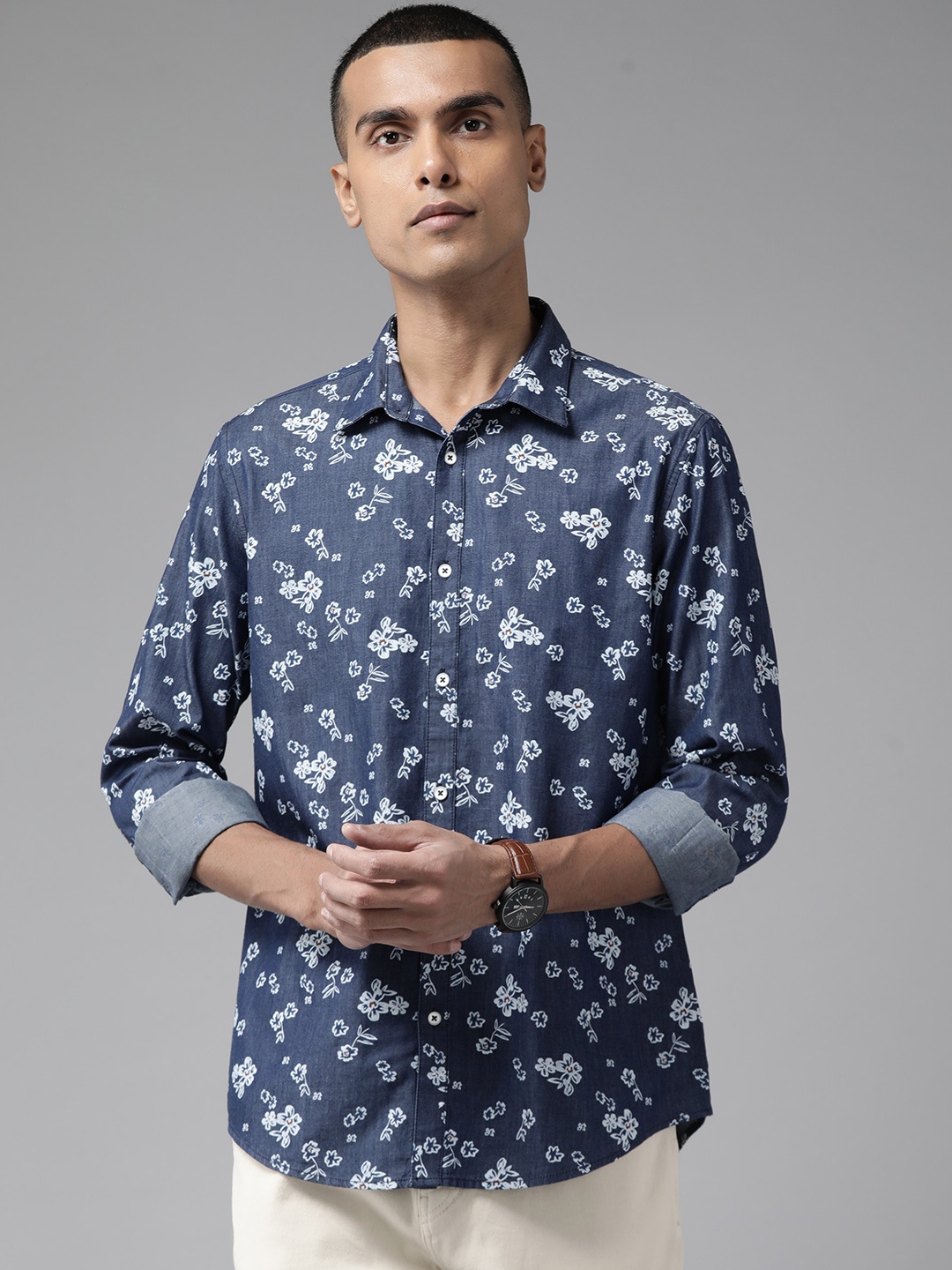 

Blackberrys Men Pure Cotton Slim Fit Floral Printed Casual Shirt, Blue