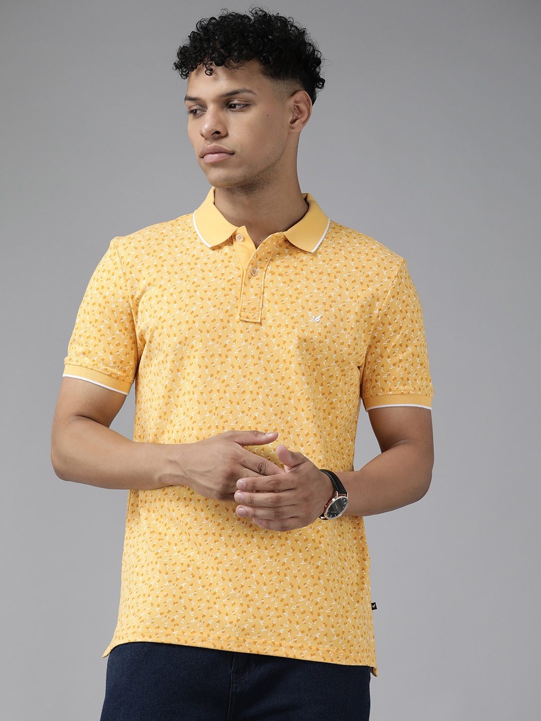 

Blackberrys Men Floral Printed Polo Collar T-shirt, Yellow