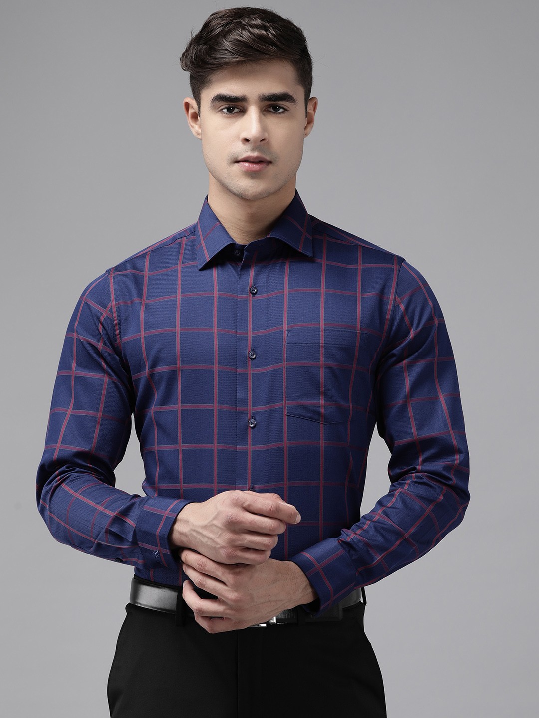 

Blackberrys Men Pure Cotton Windowpane Opaque Checked Formal Shirt, Navy blue