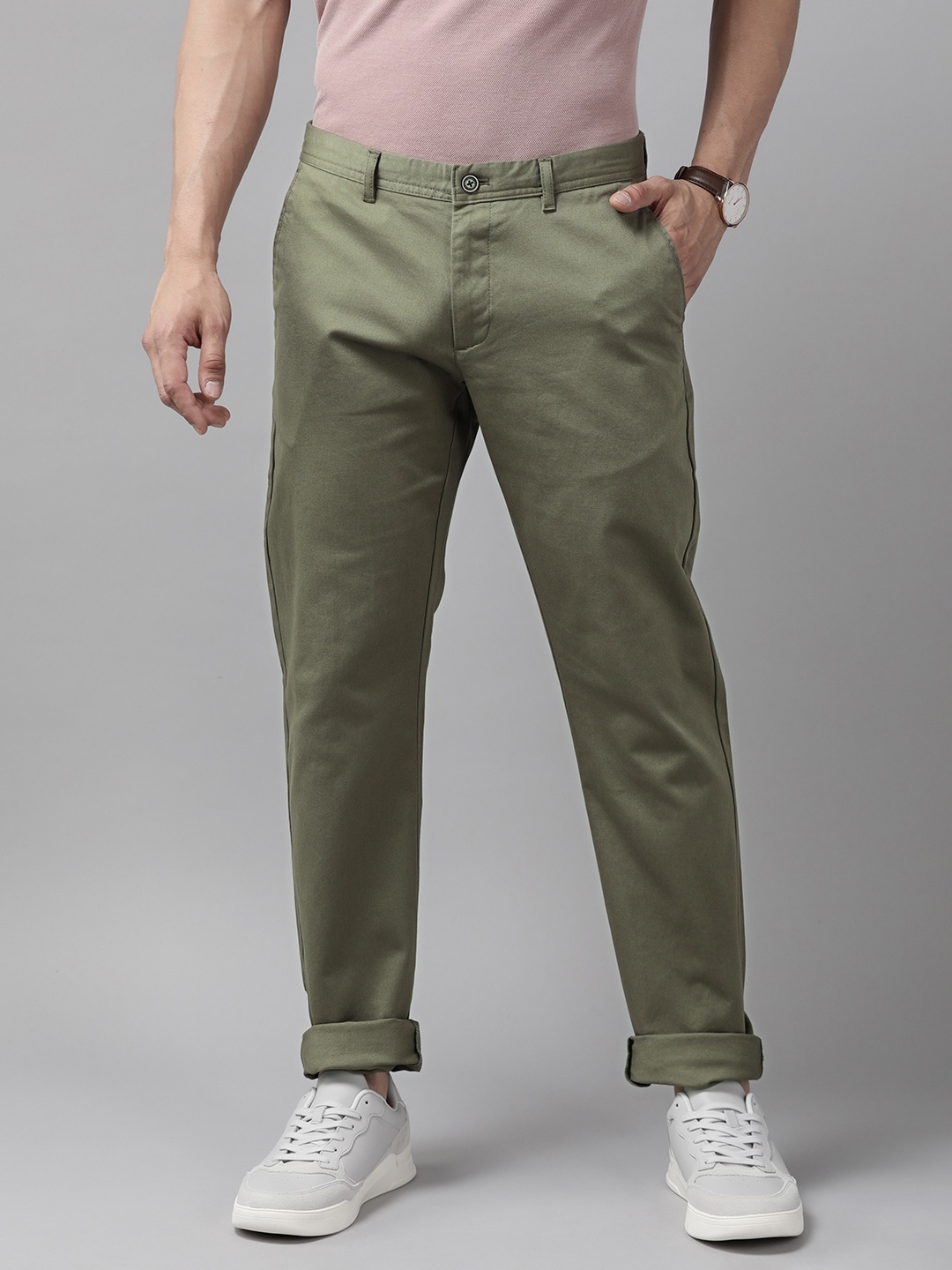 

Blackberrys Men Slim Fit Low-Rise Textured Chinos Trousers, Olive