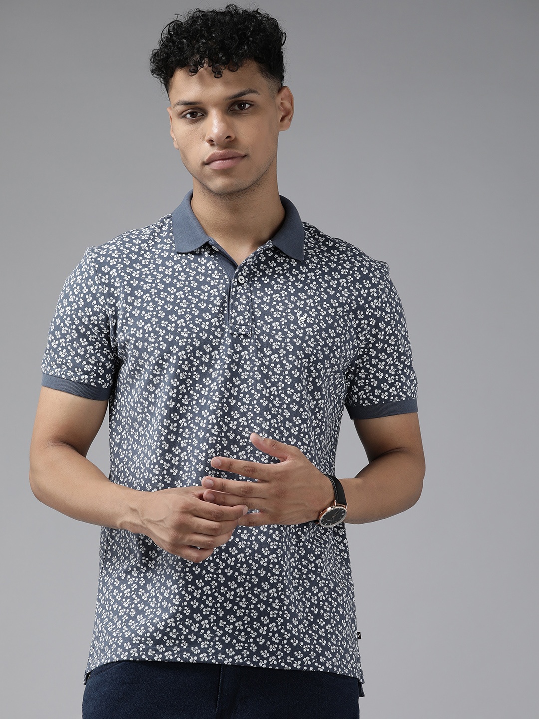 

Blackberrys Men Floral Printed Polo Collar T-shirt, Navy blue