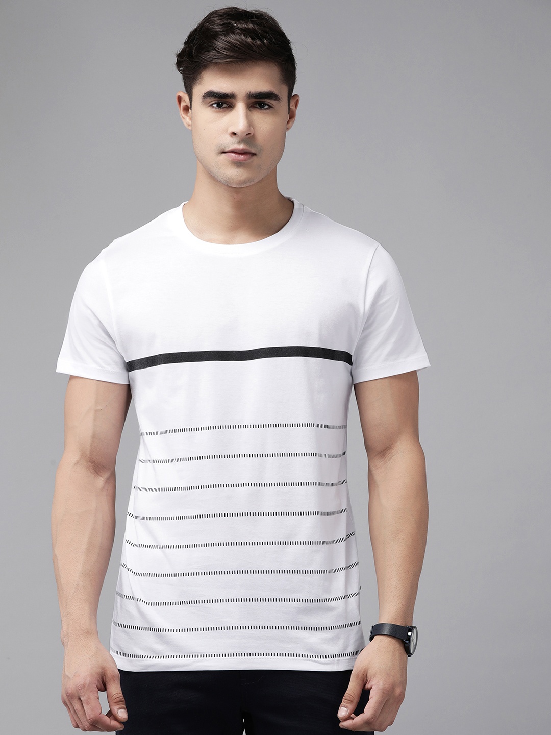Blackberrys Striped Pure Cotton Slim Fit T-shirt, White