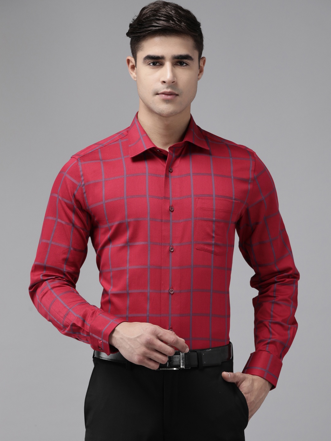 

Blackberrys Men Slim Fit Grid Tattersall Opaque Checked Formal Shirt, Red