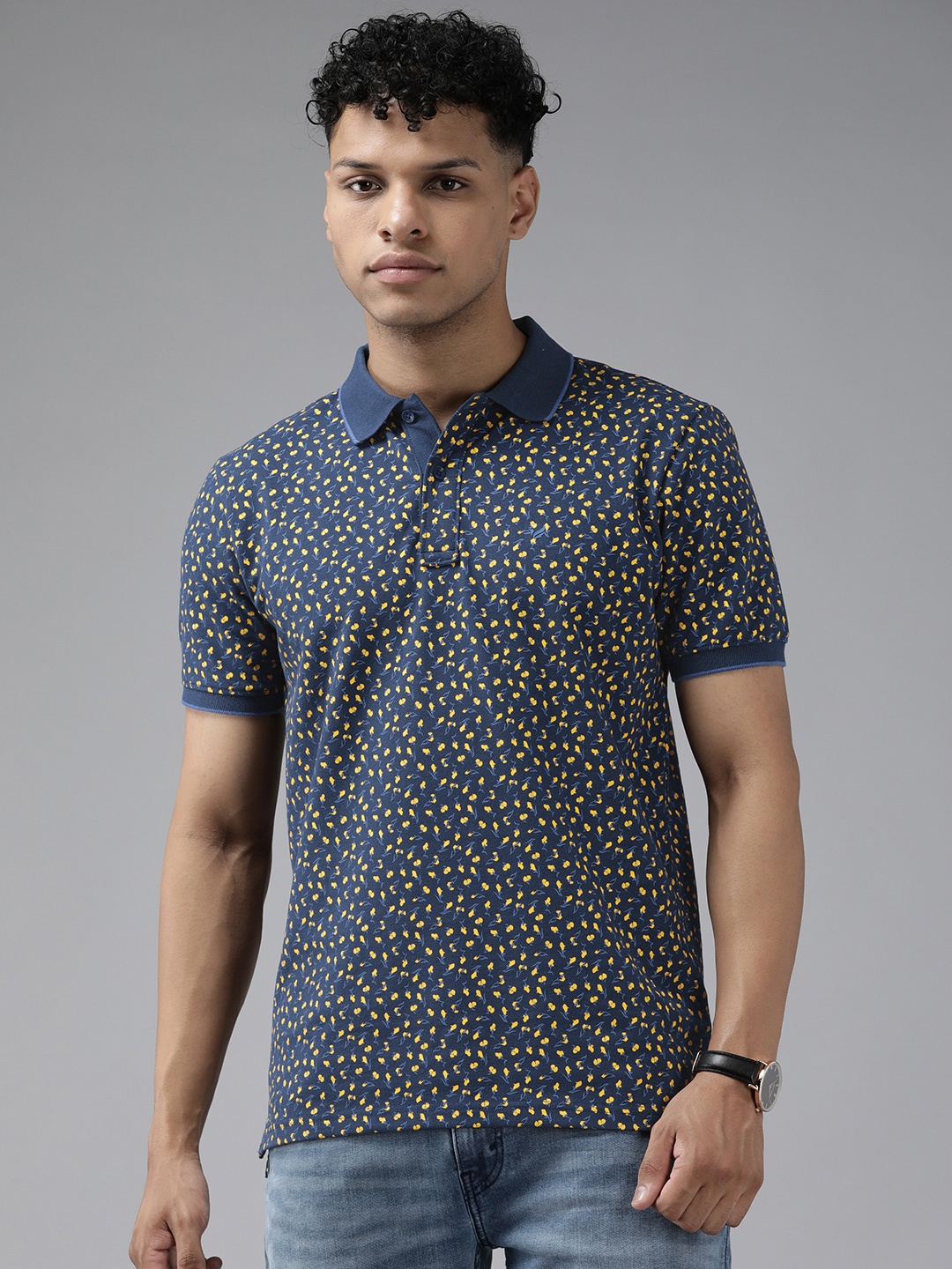 

Blackberrys Men Floral Printed Polo Collar T-shirt, Navy blue