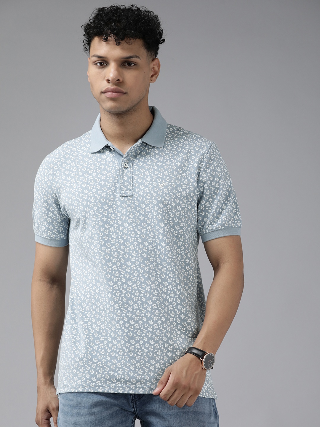 

Blackberrys Men Floral Printed Polo Collar T-shirt, Blue