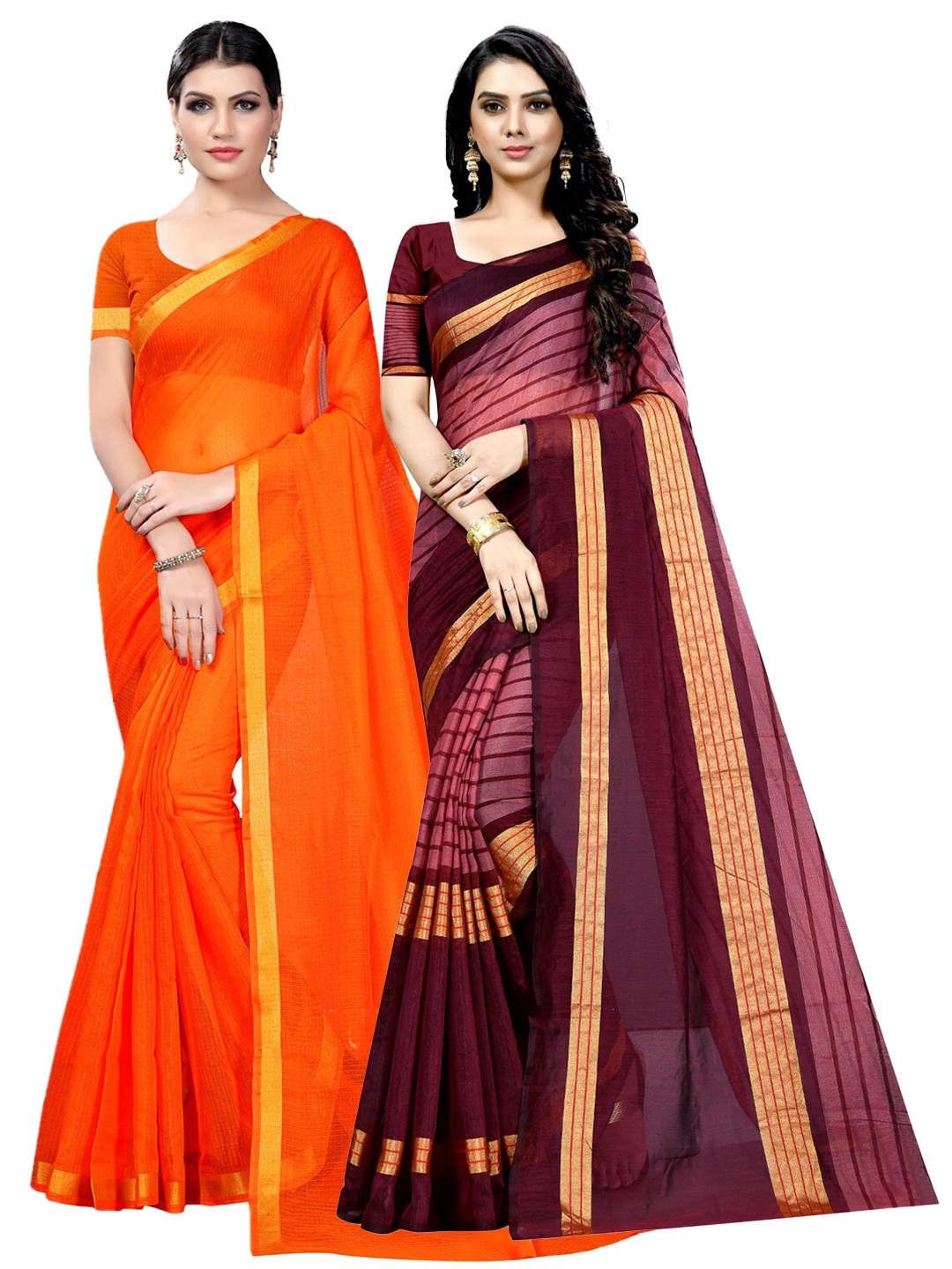 

SAADHVI Selection Of 2 Striped Zari Ilkal Saree, Orange