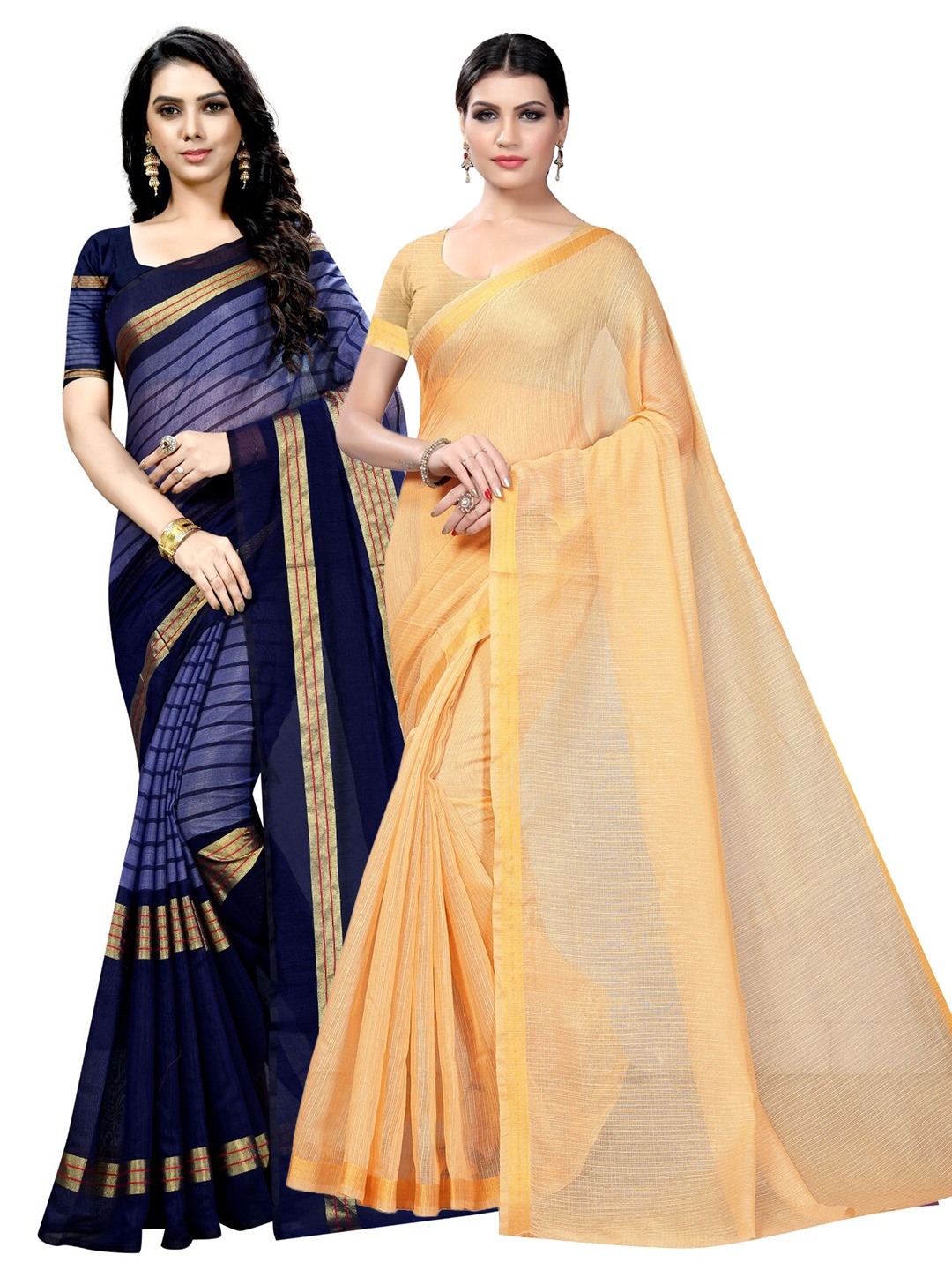 

SAADHVI Pack of 2 Zari Ilkal Saree, Beige