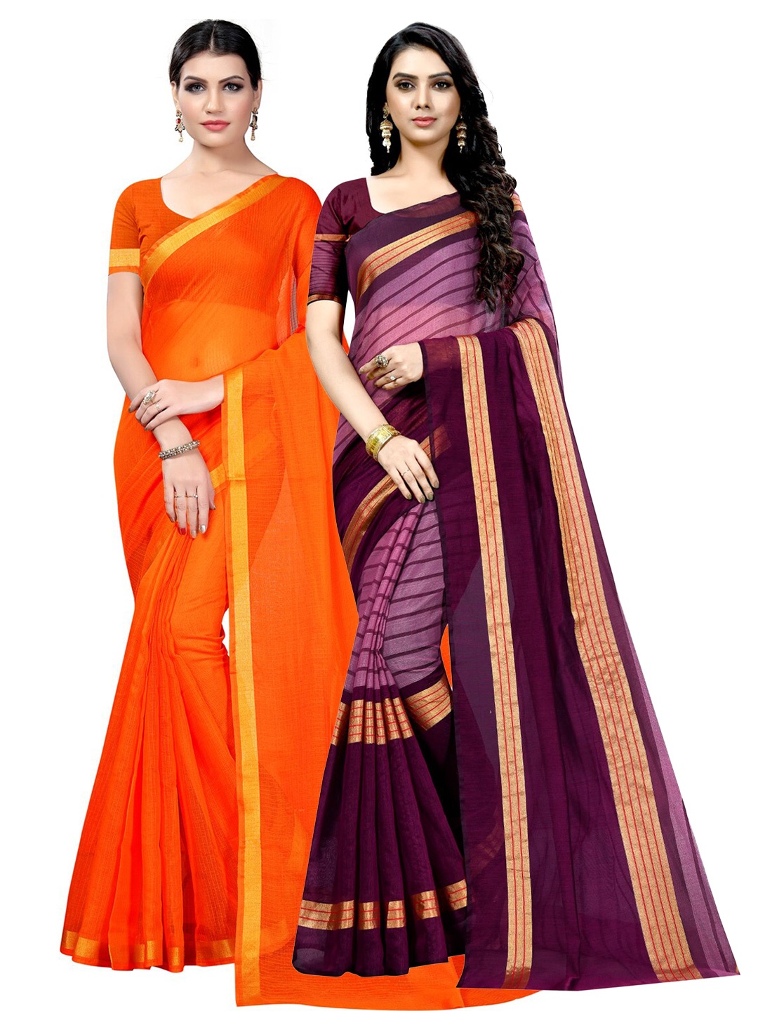 

SAADHVI Pack of 2 Zari Ilkal Saree, Orange