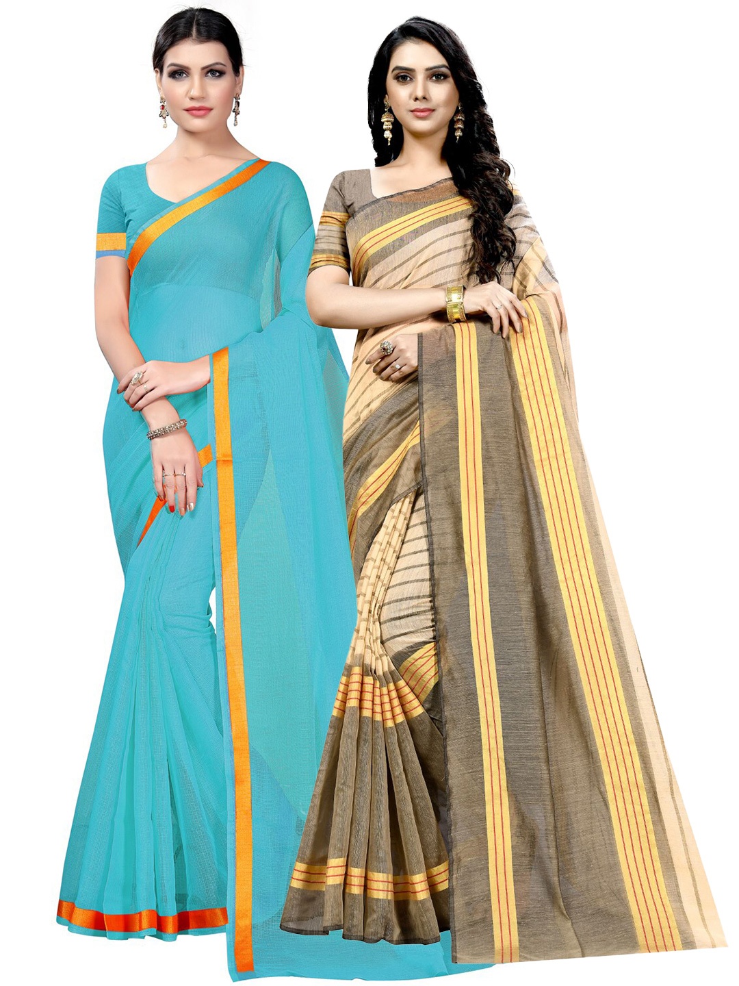 

SAADHVI Pack of 2 Zari Ilkal Saree, Turquoise blue