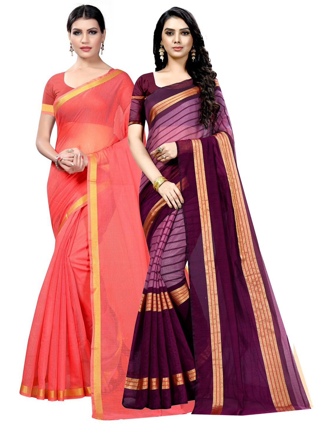 

SAADHVI Selection Of 2 Zari Ilkal Sarees, Coral