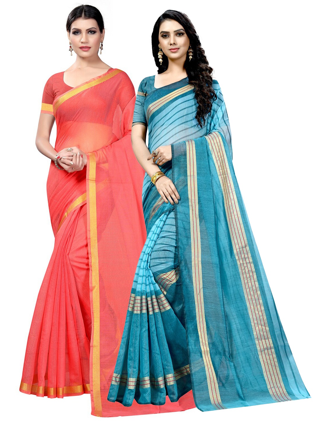 

SAADHVI Pack of 2 Striped Zari Ilkal Saree, Peach