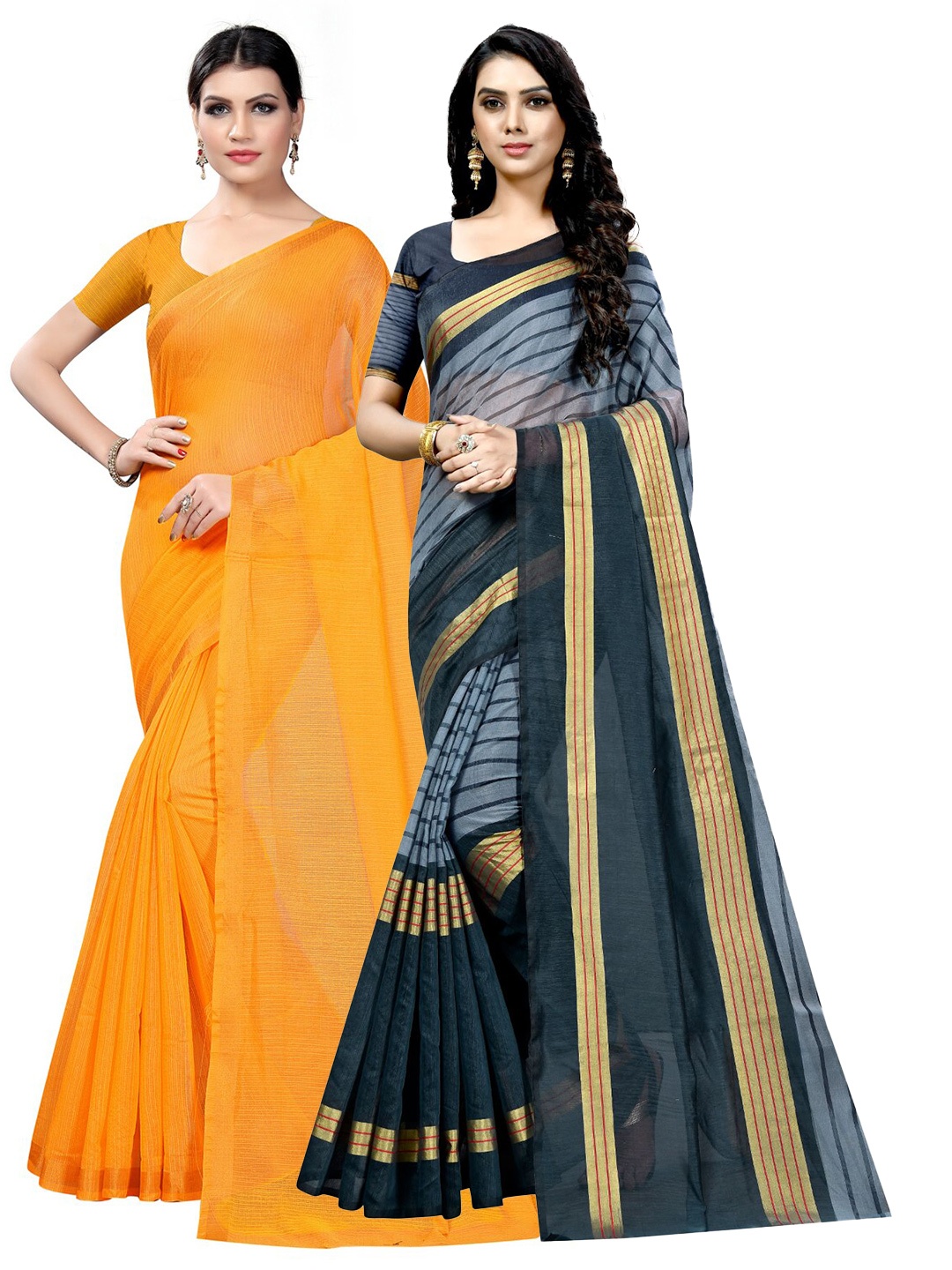 

SAADHVI Pack of 2 Striped Zari Ilkal Saree, Mustard