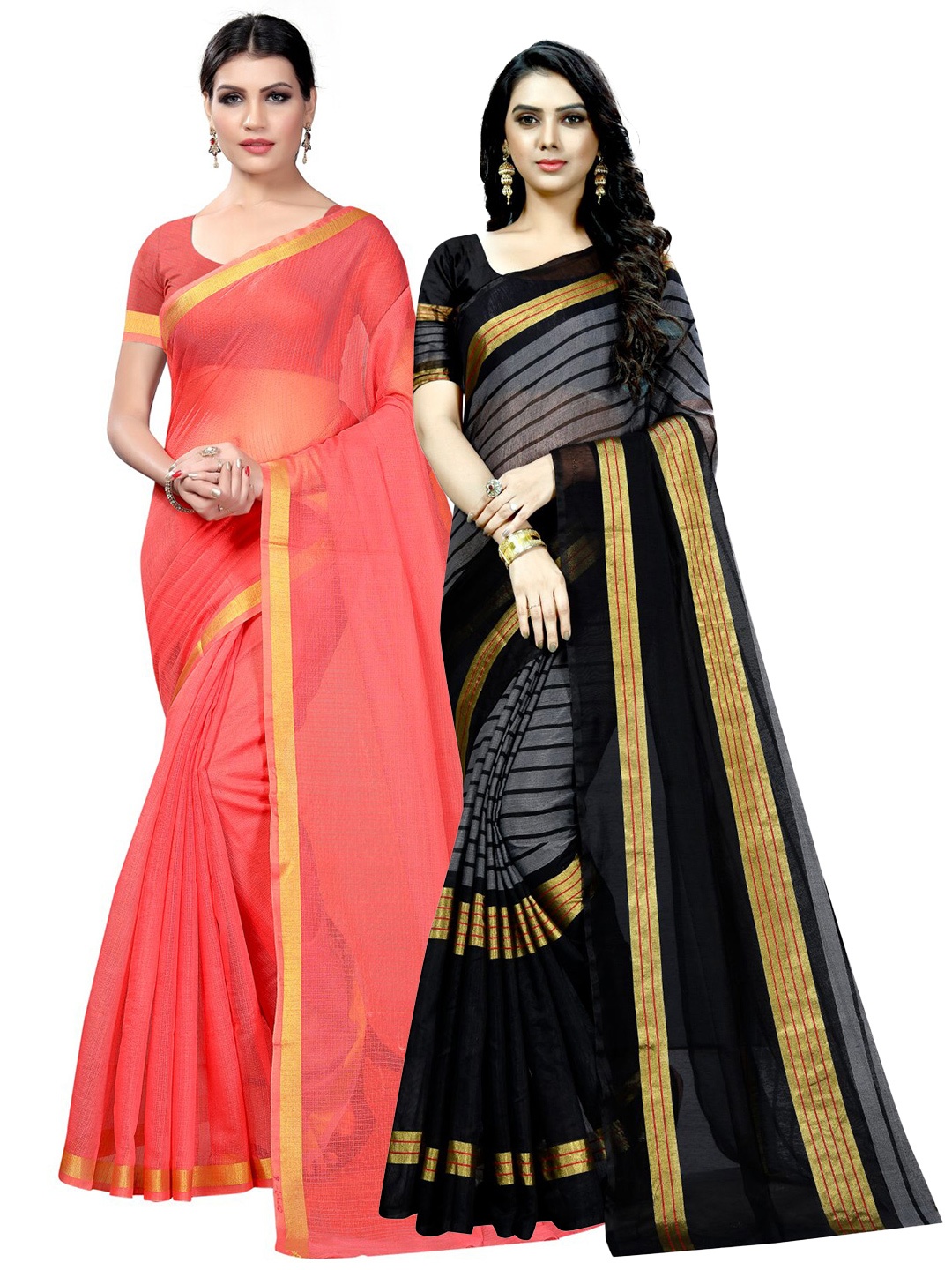 

SAADHVI Pack of 2 Striped Zari Ilkal Saree, Peach