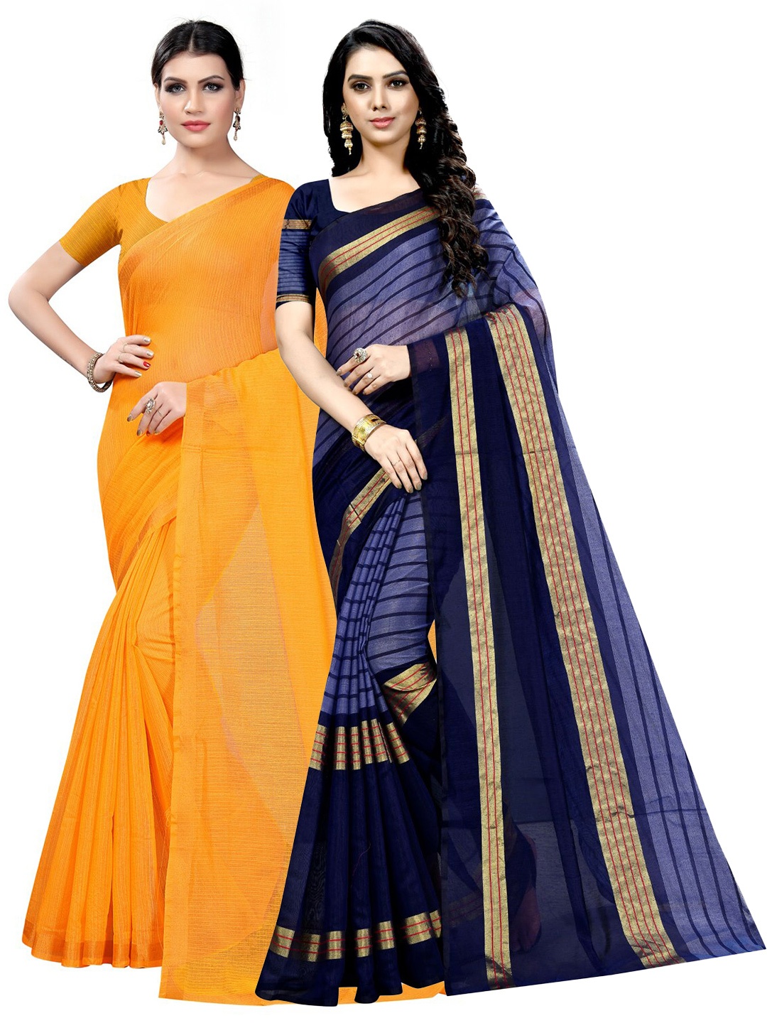 

SAADHVI Pack of 2 Striped Zari Ilkal Saree, Mustard