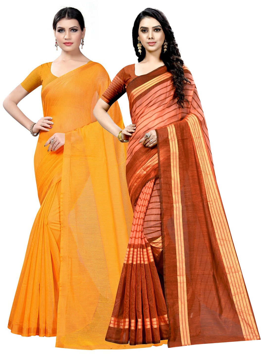 

SAADHVI Pack of 2 Striped Zari Ilkal Saree, Mustard