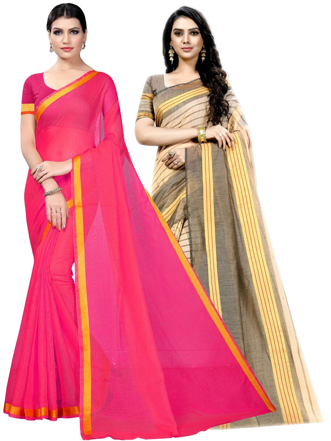 

SAADHVI Pack of 2 Striped Zari Ilkal Saree, Pink