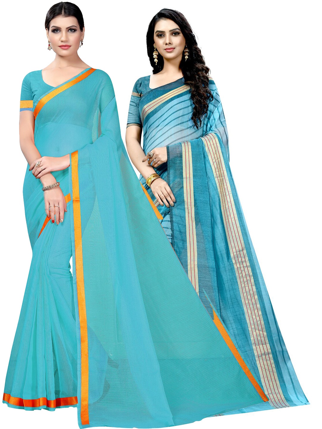 

SAADHVI Turquoise Blue & Gold-Toned Striped Zari Ilkal Saree