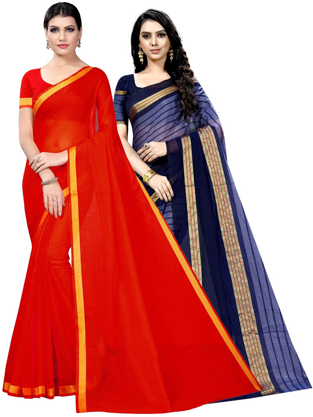 

SAADHVI Red & Navy Blue Zari Ilkal Saree