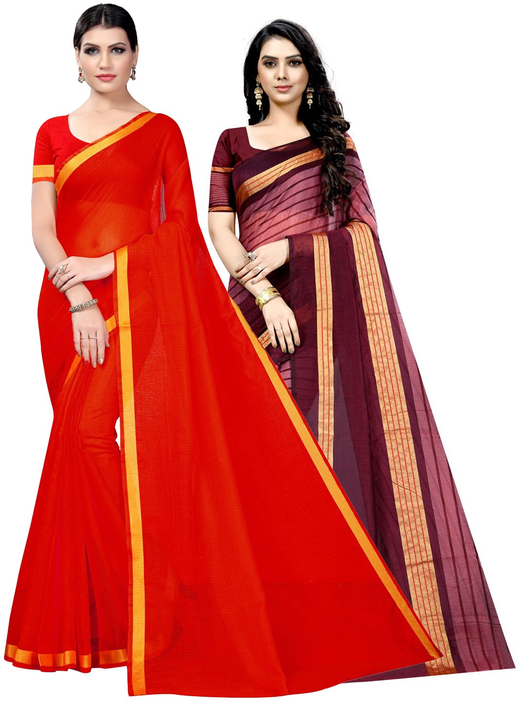 

SAADHVI Red & Maroon Striped Zari Ilkal Saree
