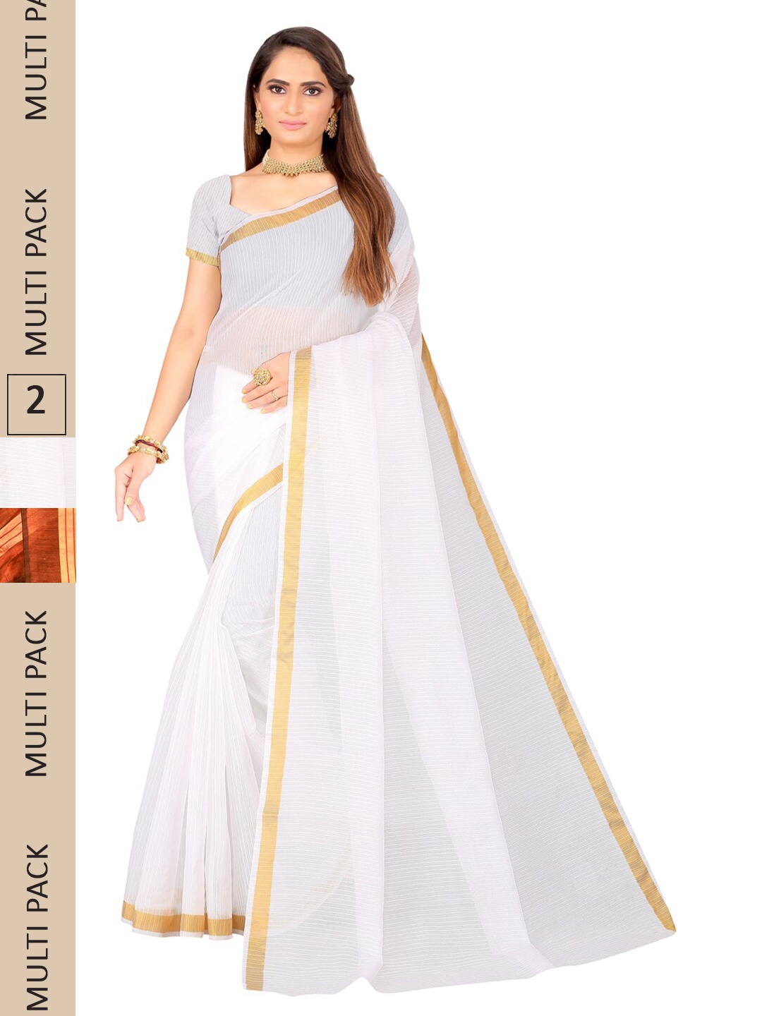 

SAADHVI A Selecetion Of 2 Zari Bordered Saree, White