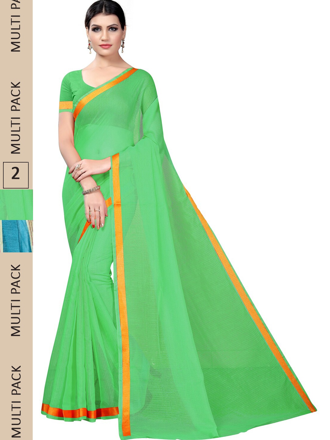 

SAADHVI A Selecetion Of 2 Striped Zari Saree, Green