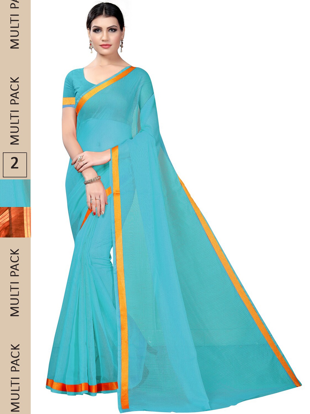 

SAADHVI A Selecetion Of 2 Striped Zari Saree, Turquoise blue