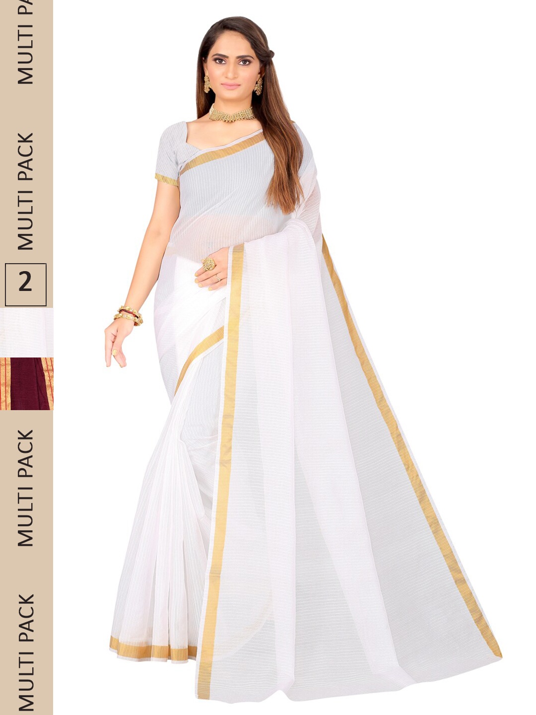 

SAADHVI A Selecetion Of 2 Striped Saree, White