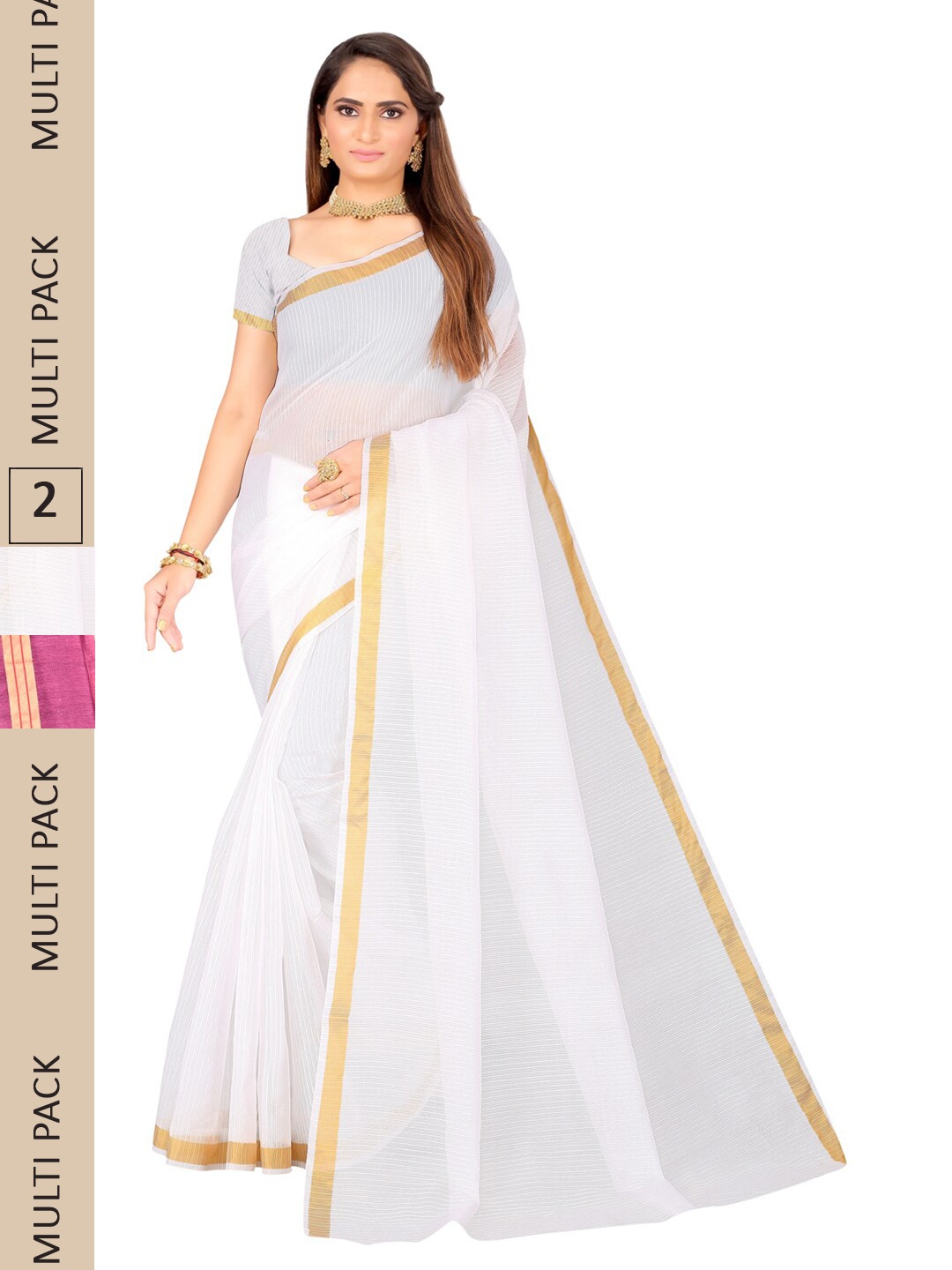 

SAADHVI Selection Of 2 Striped Zari Ilkal Saree, White