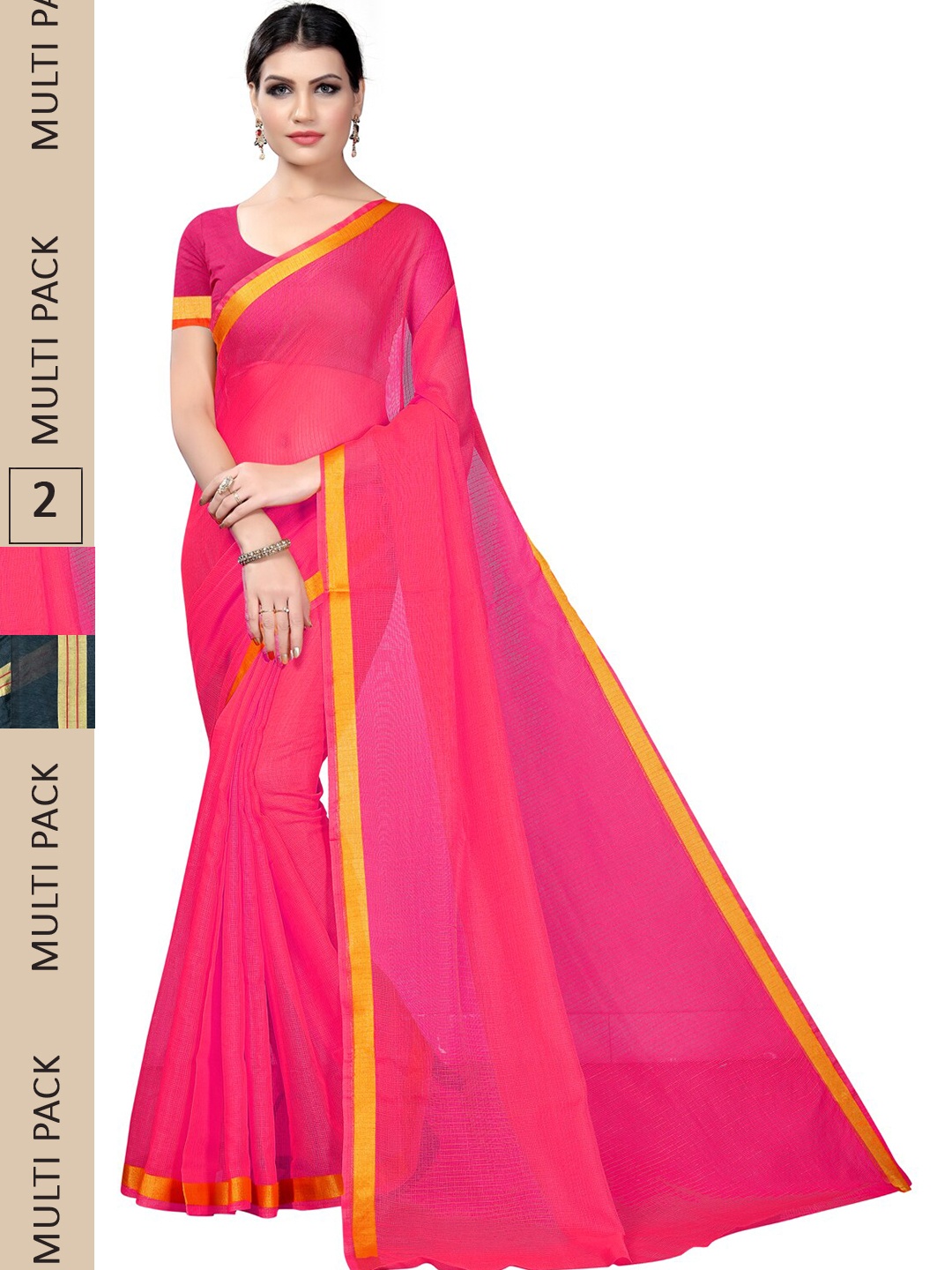 

SAADHVI Selection Of 2 Striped Zari Ilkal Saree, Pink