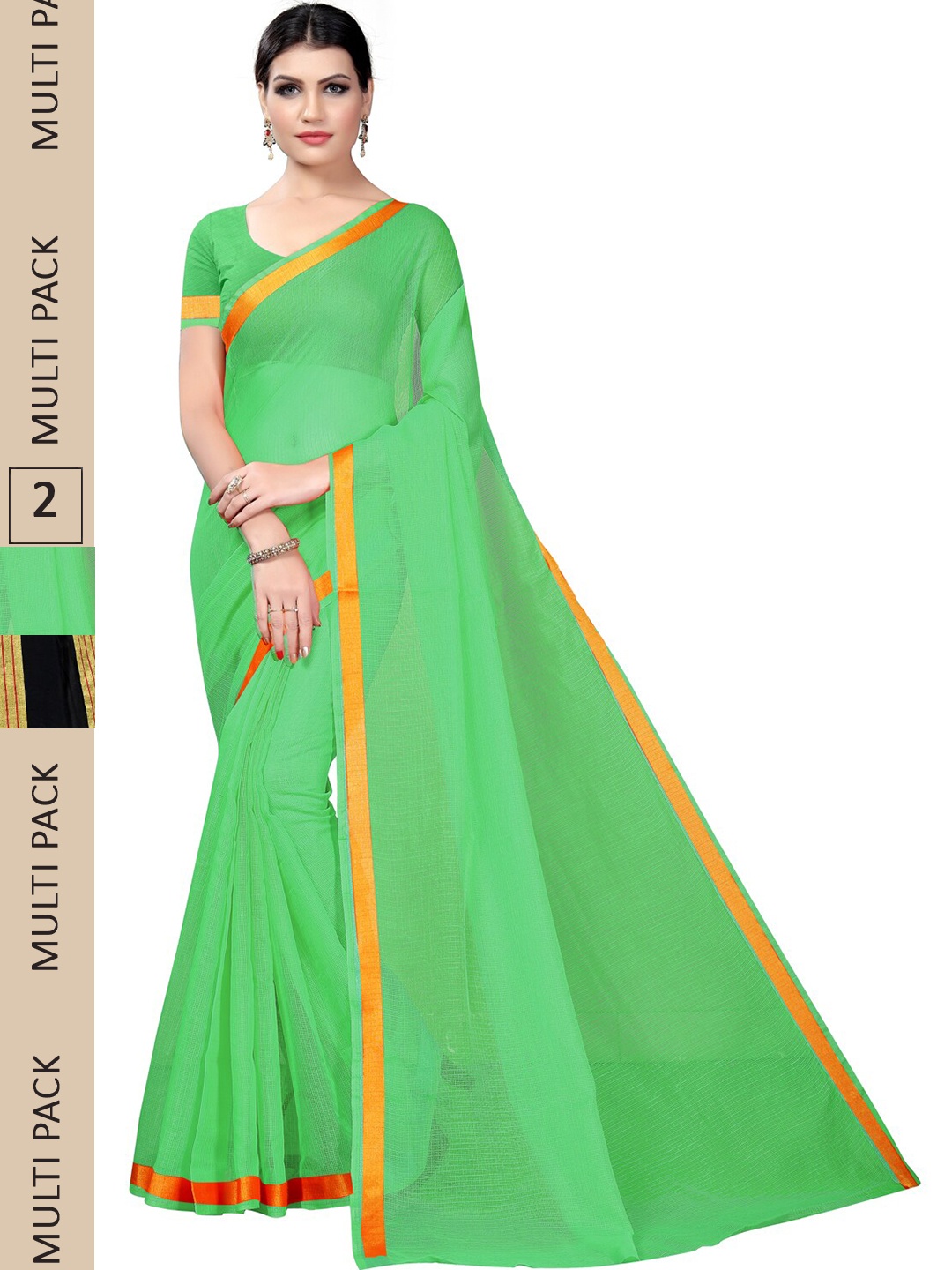 

SAADHVI Selection Of 2 Striped Zari Ilkal Saree, Green