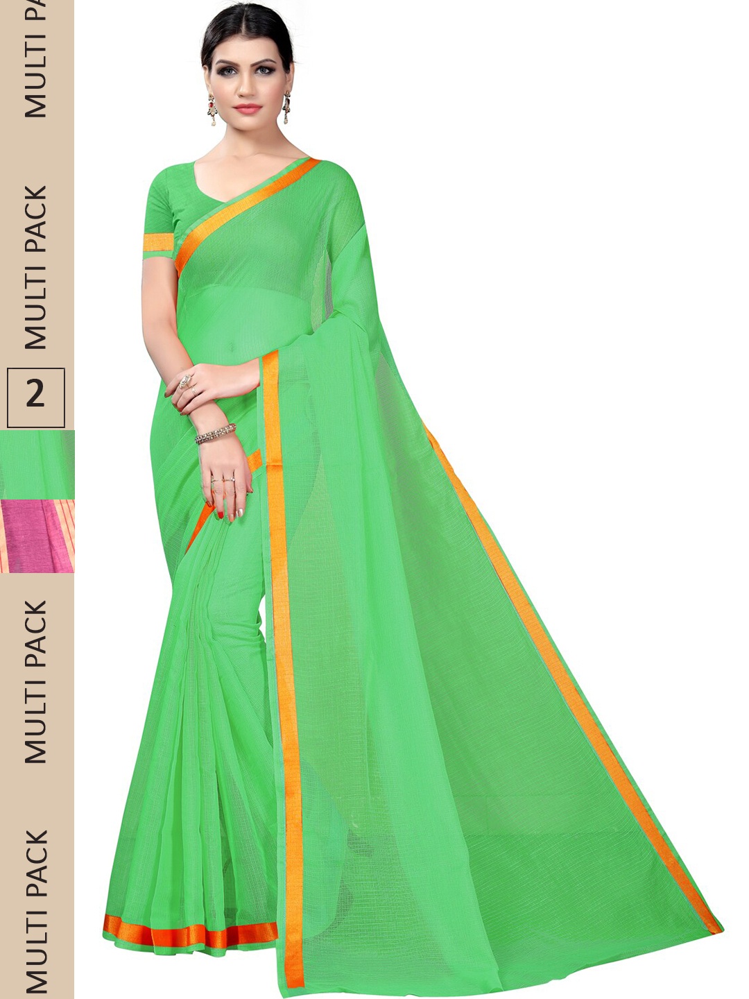 

SAADHVI Selection Of 2 Striped Zari Ilkal Saree, Green