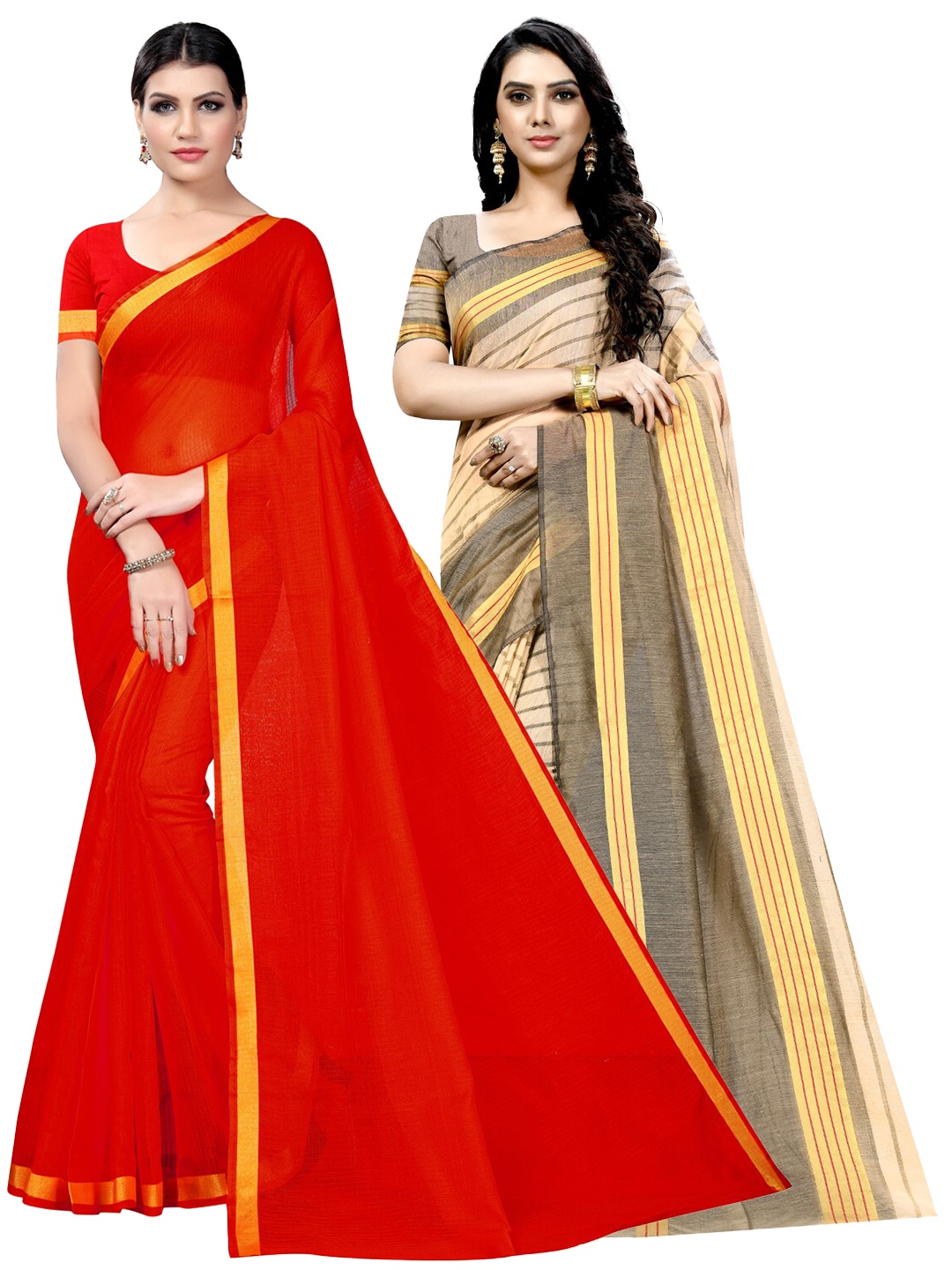 

SAADHVI Selection Of 2 Striped Zari Ilkal Saree, Red