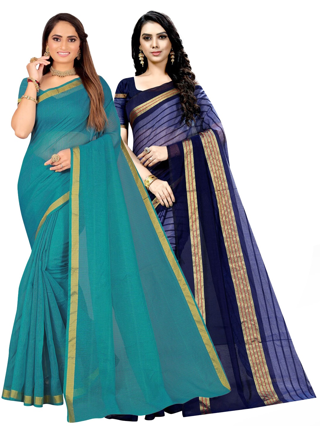 

SAADHVI Selection Of 2 Striped Zari Ilkal Saree, Teal