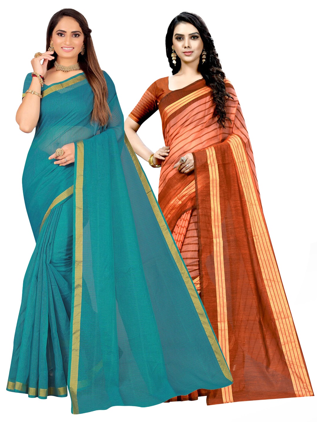 

SAADHVI Selection Of 2 Striped Cotton Blend Zari Ilkal Saree, Teal