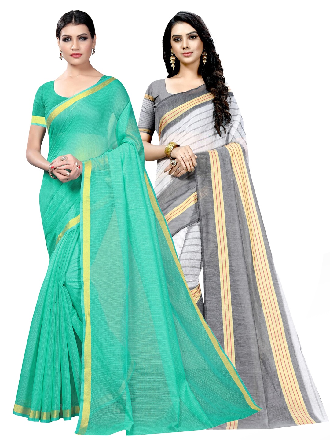 

SAADHVI Selection Of 2 Striped Cotton Blend Zari Ilkal Saree, Green