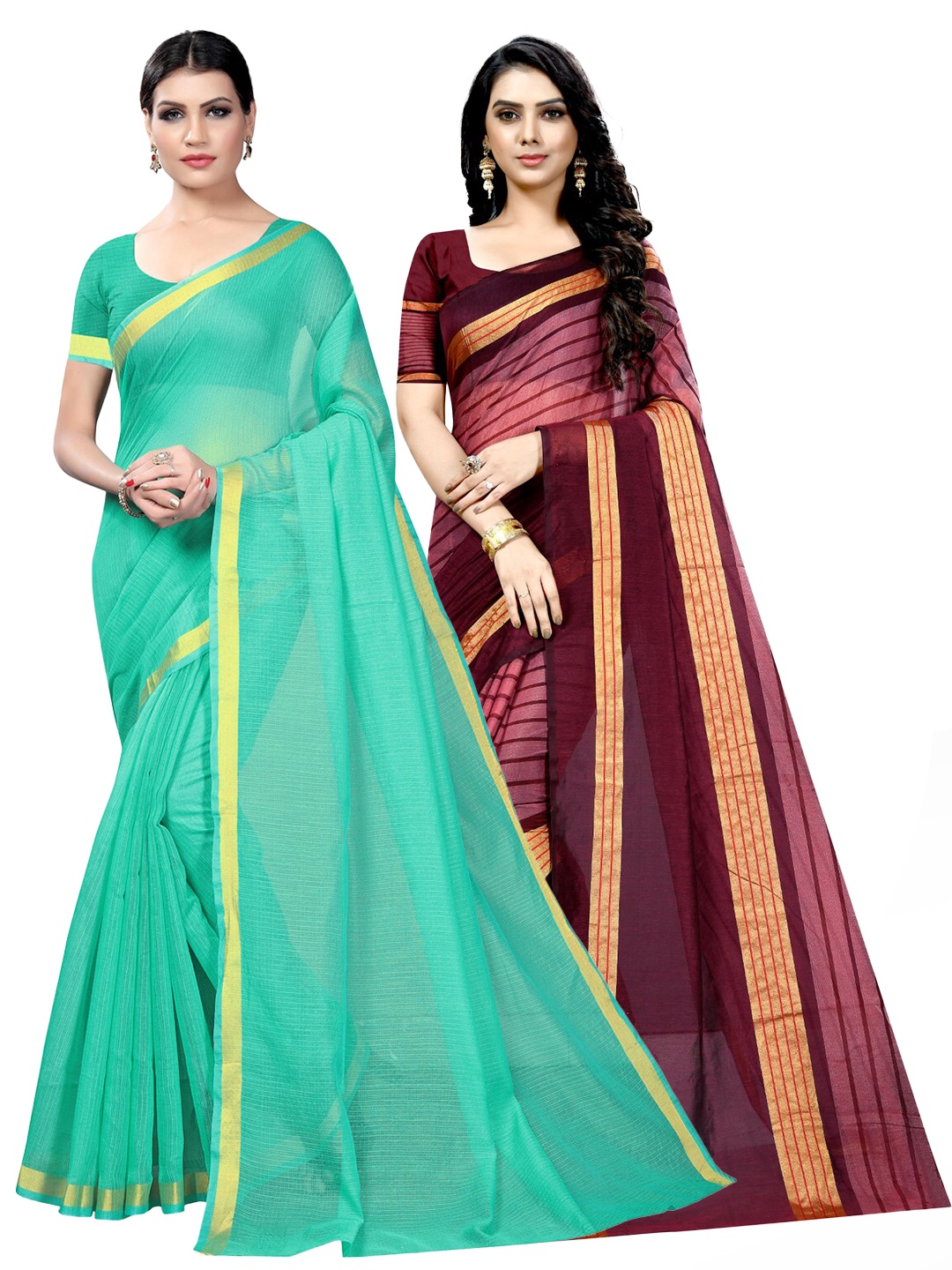 

SAADHVI Selection Of 2 Cotton Blend Zari Ilkal Saree, Green