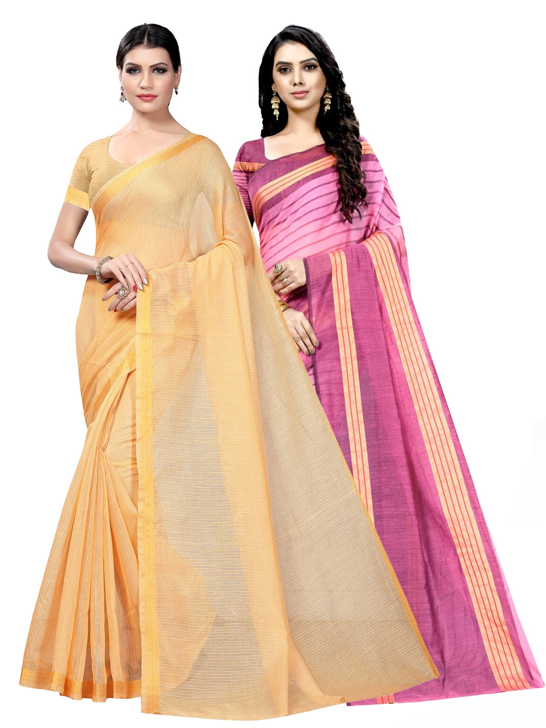 

SAADHVI Selection Of 2 Striped Cotton Blend Zari Ilkal Saree, Beige