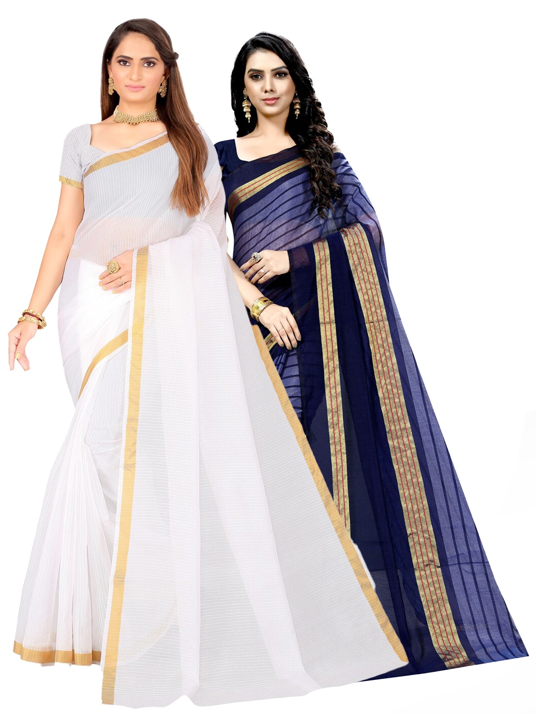 

SAADHVI Pack Of 2 Zari Ilkal Sarees, White