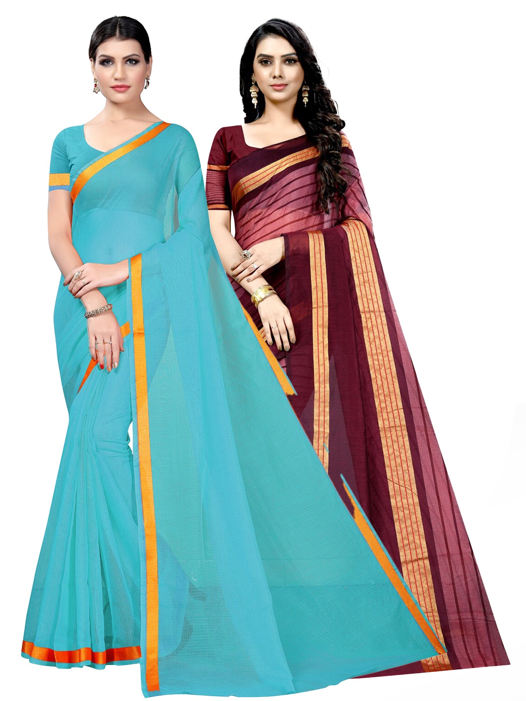 

SAADHVI Pack Of 2 Zari Ilkal Sarees, Turquoise blue