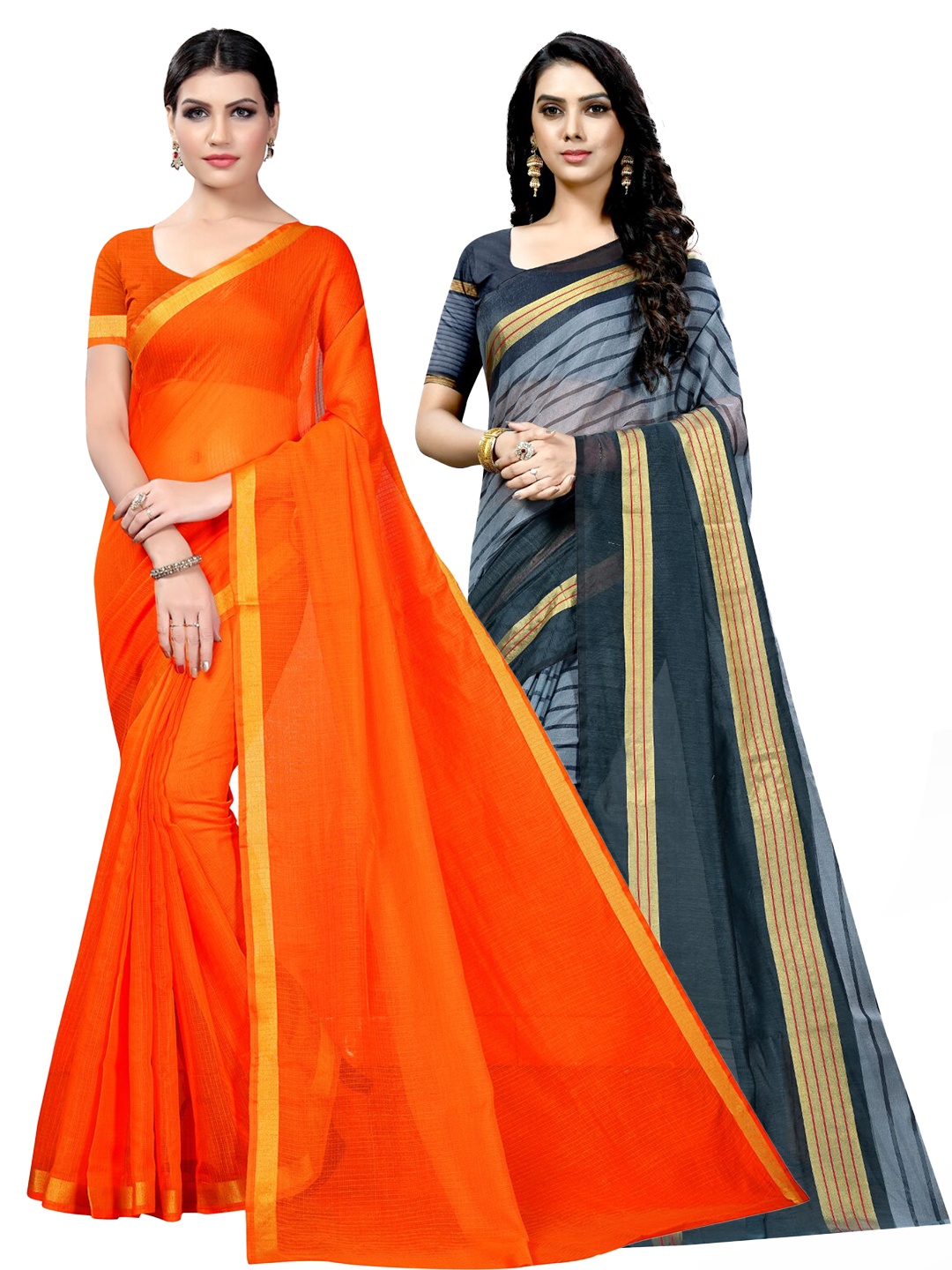 

SAADHVI Pack Of 2 Zari Ilkal Sarees, Orange