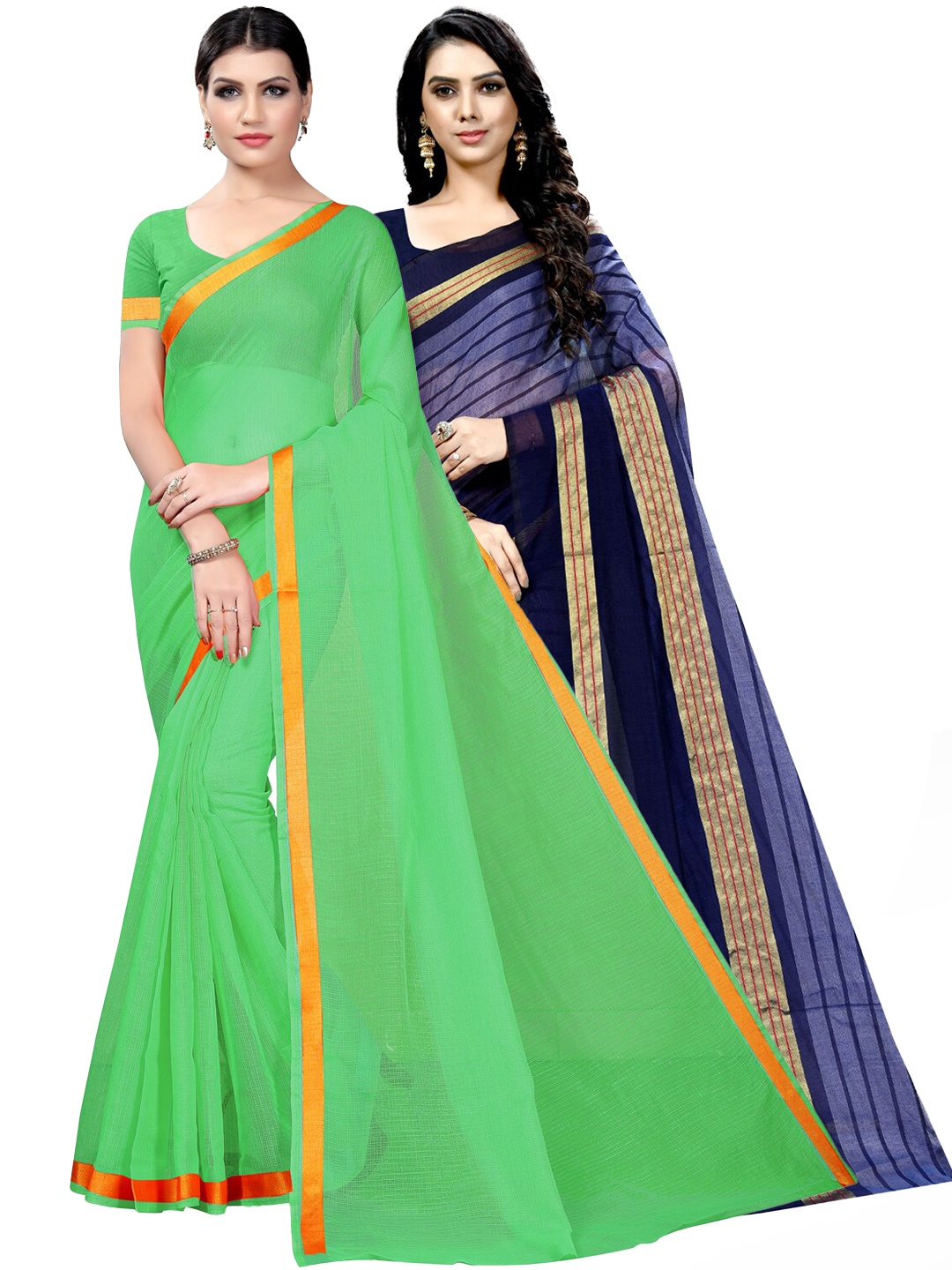 

SAADHVI Pack Of 2 Zari Ilkal Saree, Green