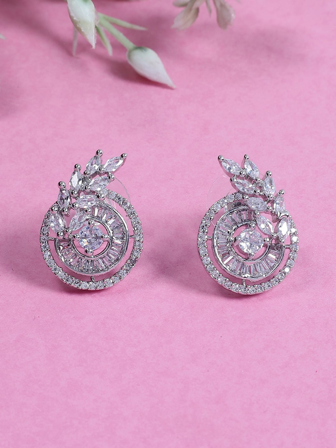 

STEORRA JEWELS Silver Plated Floral AD Studded Studs Earrings, White