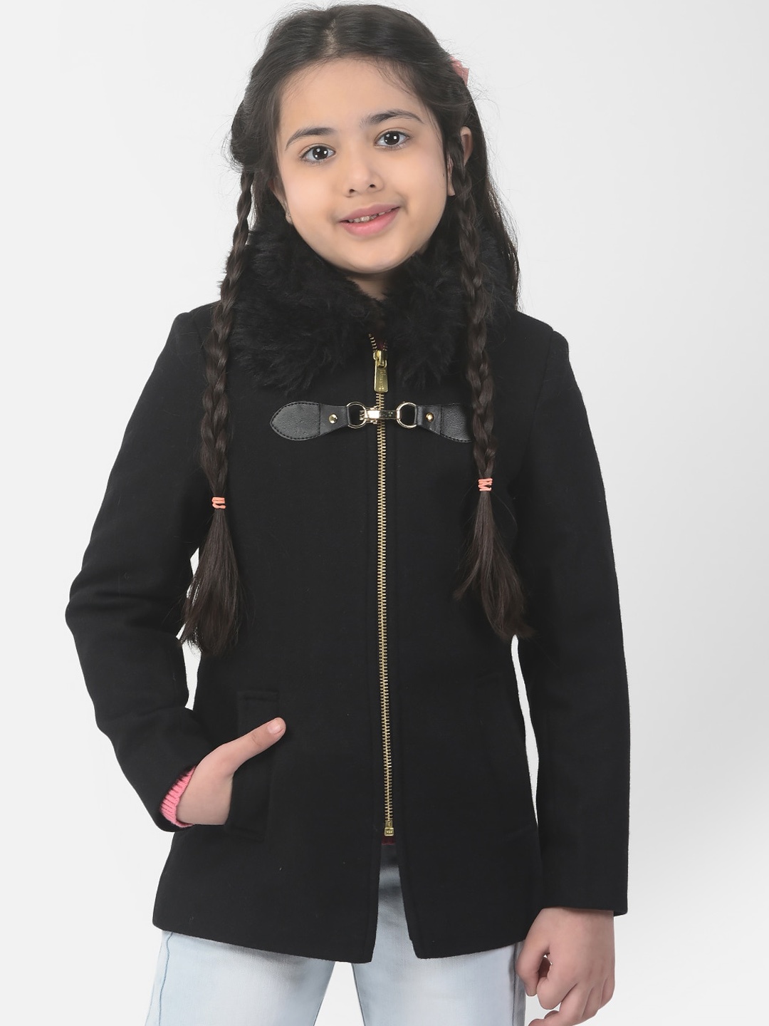 

Crimsoune Club Girls Single Breasted Fur Detailed Overcoat, Black