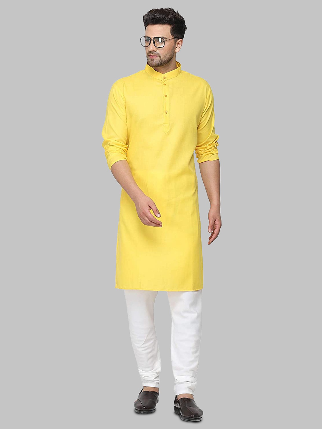 

ROYAL KURTA Men Band Collar Cotton Kurta, Yellow