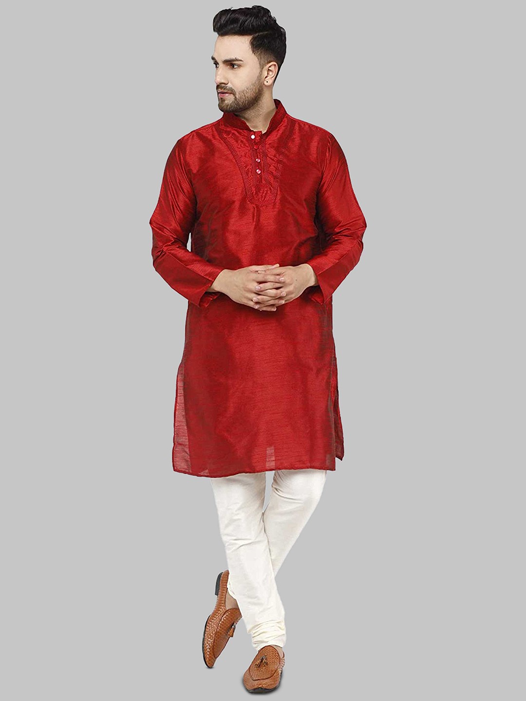 

ROYAL KURTA Men Mandarin Collar Knitted Kurta, Maroon