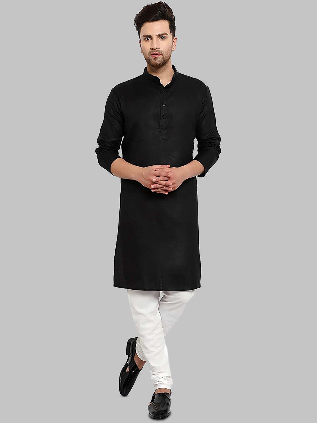 

ROYAL KURTA Mandarin Collar Cotton Kurta, Black